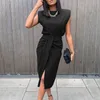 Two Piece Set Women High Waist Elegant Black Front Slit Office Clothes Outfits For Matching Sets Fashion Tank Suit 220302