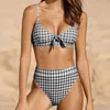 Qeils Bow Plaid Bikinis Push Up Bikini Bretelles Rembourré Taille Haute Maillot De Bain Rétro Maillots De Bain Femmes Sexy Biquini 210621