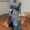 MATAKAWA Full Screen Floral Round Neck Femme Robe Korean Chic Autumn Gentle Woman Dress Tie Waist Chiffon Long Dresses 210513