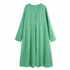 Women Green Dress Long Sleeve V-Neck Oversize Loose Midi Dresses Chic Lady Casual Fashion Clothes 210517