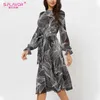 S.FLAVOR Women Printing Chiffon Dress Fashion Flare Sleeve O Neck A Line Party Vestidos Elegant Women Midi Autumn Dress 210630