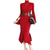 ファッションロングフレアスリーブソリッドカラースキニーミディニットスワイタエーメーメイドドレス女性ストリートウェアカジュアル衣装210529
