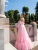 Off shoulder Pink Tulle Evening Dress The Lantern Sleeve Maxi A Line Long Prom Dresses
