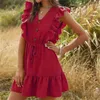 Lato Lotus Liść Bez Rękawów Słodka Dress Girl Fresh Solid Color V-Neck Koronki Europejski i Amerykański Styl 210423