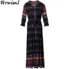 Vintage Boho Dress Women Print Autumn V Neck Three Quarter Sleeve High Waist Lady Maxi Elegant Beach Holiday Bandage 210513