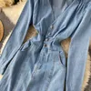 Fall Women Retro Midi Denim Dress V Neck Button Sexy Split Slim Korean Elegant Streetwear Long Sleeve Robe Vestidos 210514