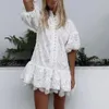 vgh 우아한 패치 워크 레이스 여성 드레스 o 터틀넥 퍼프 슬리브 높은 허리 흰 드레스 여성 패션 새로운 의류 가을 210421