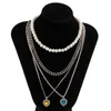 SHIXIN 4 Pcs Layered Pearl Beads Choker Necklace for Women Love Heart Crystal Pendants Necklaces Men Fashion 2021 Chains on Neck