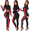 Kvinnors Jumpsuits Rompers Hooded Side Striped Color Patchwork Skinny Sport 2 Piece Sets Kvinnor Långärmad Snöre upp Beskära Top Byxor
