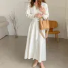 QOERLIN Minimalism Cotton Linen Dress Women Button Down Shirts Dress Korean Chic VNeck Temperament Slim Long Sleeve White Dress 210412