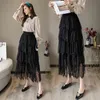 WWENN Maxi jupe en mousseline de soie femmes mode coréenne élastique taille haute gâteau jupes longues femme dame noir abricot bas 210507