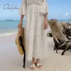 Sommer Luxus Frauen Maxi Halbarm Lose Baumwolle Weiß Spitze Sexy Lange Tunika Strand Kleid 210415