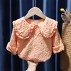 Ruffles Collar baby Girls Camisas Tops Algodão Jacquard Crianças Flare Manga Camisa Primavera Outono Roupas Blusa