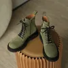 Botas de tornozelo mulheres sapatos genuíno plataforma de couro liso zíper curto cruz amarrado senhoras outono inverno verde 40 210517