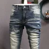 Italien Vintage Mode Hommes Jeans Rétro Bleu Élastique Slim Fit Ripped Plain Distred Wash Designer Casual Denim Pantalon 2TJ1