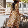 Frauen langes Baumwollkleid Sommer V-Ausschnitt Kurzarm Blumendruck Bohe-Stil Lässige Damen knöchellange Kleider Vintage weiblich 210524