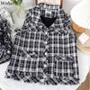 Vår sommar Kvinnor Plaid Vest Slå ner Collar Pocket Ärmlös Mode Jacka Koreanska Enkla Tweed Cardigan Tank Toppar 210519