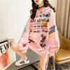 Women hooded graffiti print plus velvet thick ladies ins super fire lazy style jacket spring and autumn thin 210805