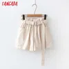 Tangada Summer Femmes Solides Shorts avec ceinture Vintage Haute taille élastique Femme Pantalon court de base 5N11 210609