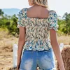 Frauen T-Shirt 2021 Sommer Mode Casual Alle-spiel Tops Sexy Floral Print Square Neck Kurzarm Top Bauernhaus stil Weibliche