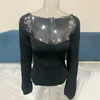 Vår Sexig Snygg Sqaure Collar Full Sleeves Knitting Pullover Slim T-shirt Kvinna Top WK08001L 210421