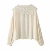 VUWWYV Moda Camicette con colletto ricamato beige Donna Summer Chic High Street Donna Camicetta manica lunga Bottoni frontali Top 210430