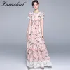 Sommar Runway Floral Patchwork Lace Chiffon Rosa Maxi Klänning Kvinnor Kortärmad Elegant Liljor Tryckt Strand Boho Sundresss 210416