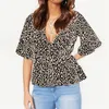 Col en v profond été Blouse femmes Wrap Sexy léopard demi manches évasées chemise décontractée ample grande taille hauts Blusas 3XL 210508