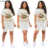 Women Tracksuits Two Pieces Set Deisgner Lip Letter Printing Short Sleeve T-shirt Shorts Solid Color Jogger Sets Yoga Outfits Plus Size