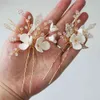 Brudlera blomma headpiece pin set rhinestone guld blad smycken mode kvinnor fest hår tillbehör 2019