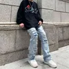 Hip Hop Distressed Streetwear Ripped Flared Jeans Biker Skräddarsydd broderad Tvättad Förstörda Hole Flare Denim Byxor för män 211108