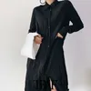 女性シックなファッションサッシとプリーツのMidiシャツのドレスビンテージ長袖サイドベント女性ドレスvestidos 210507