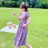 Dresses for Woman Floral Printed Vintage Casual Boho Beach Korean Midi Dress Summer Chiffon Purple Romance Robes 210506