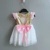 sweet girls flutter sleeve sequin dress with big bows ,lovely baby birthday toddler formal 210529