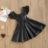 WenaZao Toddler Kids Baby Girls Spring Autumn Overall Black Faux Leather Ruffles Short Sleeve Backless Suspender Princess Dress G1129