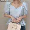 Nomikuma Vintage Puff Sleeve Plaid Shirts Slim Waist Koreanska Chic Blus Kvinnor Ankomst Elegant Retro Toppar Femme Blusas Mujer 210514