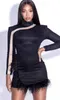 Summer ladies sexy long sleeve mesh gauze glittering feather black bandage dress elegant celebrity party 210527