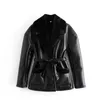 Winter coat women thick black PU leather jacket long sleeve faux fur Jacket Punk belt motorcycle 210521