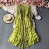 Neploe Elegant Lace Patchwork Hook Flower Chiffon Dress Women High Waist Hip A Line Long Vestidos Spring Long Sleeve Robe Solid 210423