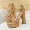 Sexy Hollow T-strap Leather Sandals New Rome Women Open Toe High Platform Pumps Party Thick High Heel Woman Buckle Fashion Shoes Y0721