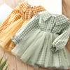 Barnens eleganta 3-8 10 12 år Långärmad prinsessa Plaid Mesh Patchwork Kids Baby Girls Lace Spring Autumn Dresses 210529