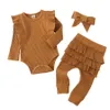 Baby Ribbed Clothing Set Ruffled Long Sleeve Romper Skirtpants Bow Headbands 3Pcs/Set Toddler Outfits M3961