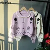 Embroidered Flower Jacket Autumn Winter Turn-down Collar Sweater Women Loose All-match Panelled Knitted Cardigan 210422