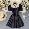 Elegant Retro square neck bubble short sleeve mini dress for womens design cross suspenders waist slim white sundress summer 210420