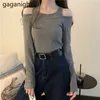 Solid Basic Long Sleeve Kvinnor Tshirt Casual Svart Vit Slim Pullovers Tops Fake Two Pieces Ladies Tee Shirts 210601