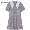 Yitimuceng Plaid Button Dresses Women A-Line Mini Summer Puff Sleeve Notched Short Sleeve Double Breasted Office Lady 210601