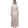 HOHE QUALITÄT Fashion Runway Maxi Kleid frauen Langarm Sexy V-ausschnitt Spitze Kleider Vestidos 210520