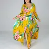Kvinnor sexig tryckt klänning djup v nacke långärmad blomma maxi klänningar med midja bälte höst plus storlek damer vestidos 210416