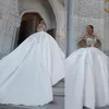 2021 Luxury Arabic Ball Gown Wedding Dresses Formal Bridal Gowns Satin Lace Appliques Crystal Beads Overskirts Detachable Train Long Sleeves Vestidos De Novia