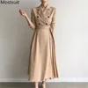 Herbst Zweireiher Koreanische Frauen Langes Kleid Volle Hülse Kerb Kragen Gürtel Plissee Kleider Elegante Büro Vestidos 210513